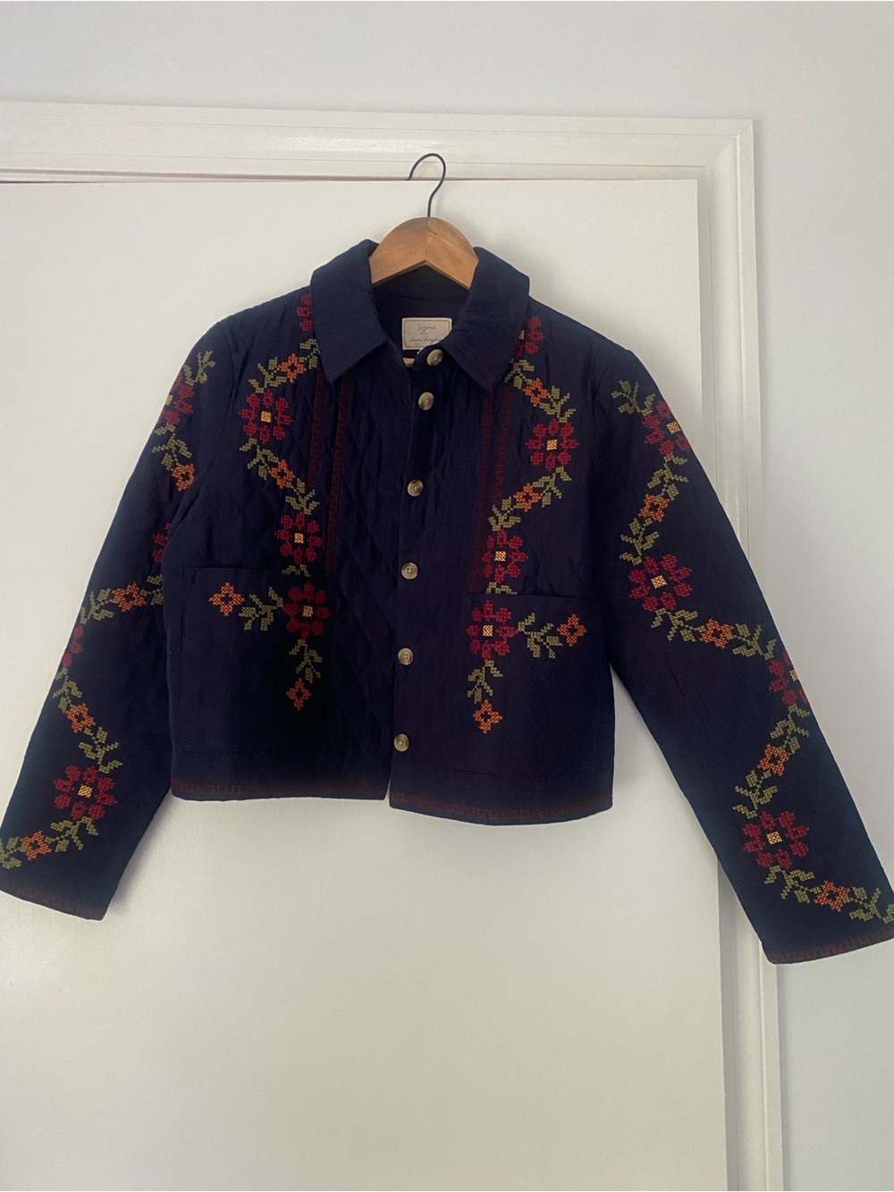Sézane Liah Jacket Marine Blue with Jazmin Embroidery
